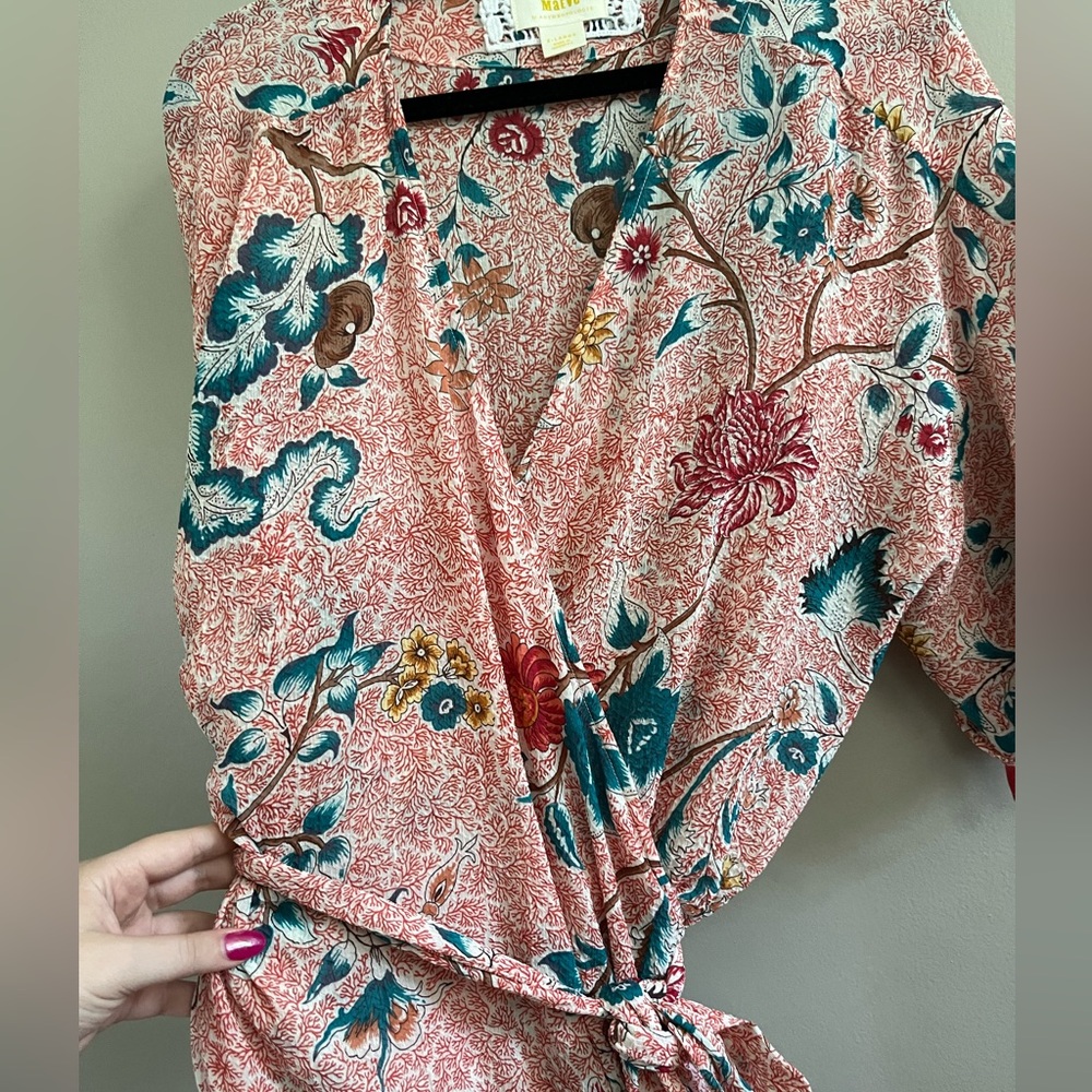 Anthropologie Pink Floral Midi Dress with Teal and Red Accents - Picture 9 of 10